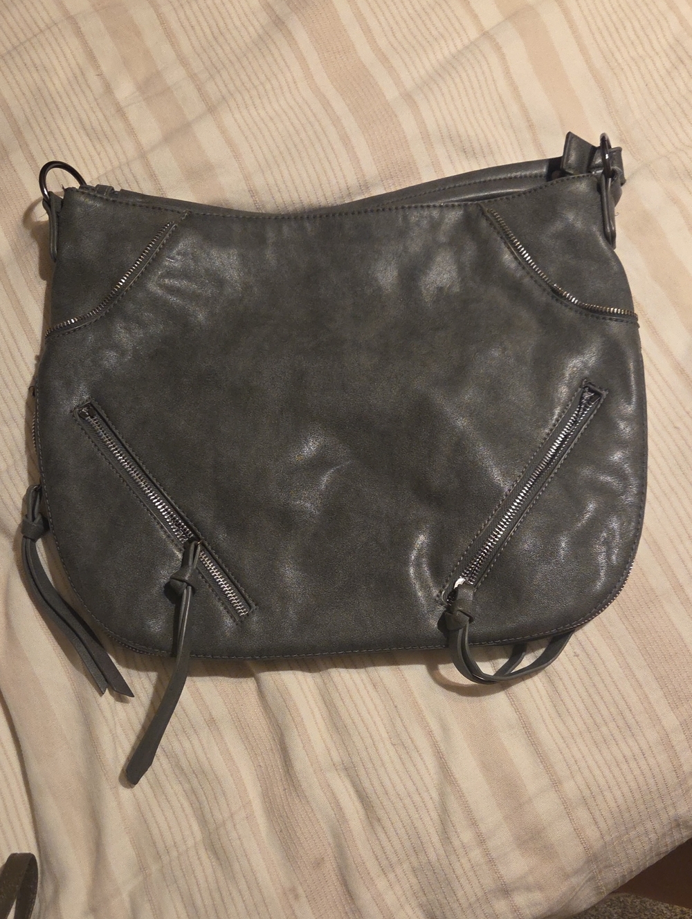 Urban Expressions Gray Leather Shoulder Bag with Zip Accents
